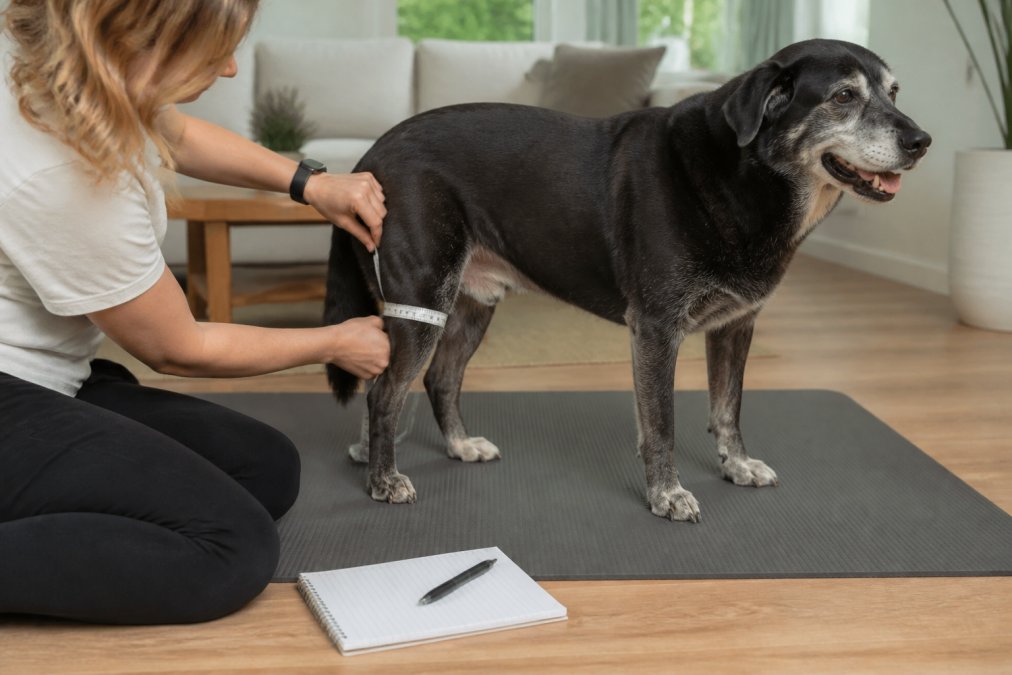 A person using a soft measuring tape around the hind leg of a large senior dog standing on a non-slip mat in a bright living room, with a notebook and pen on the floor nearby