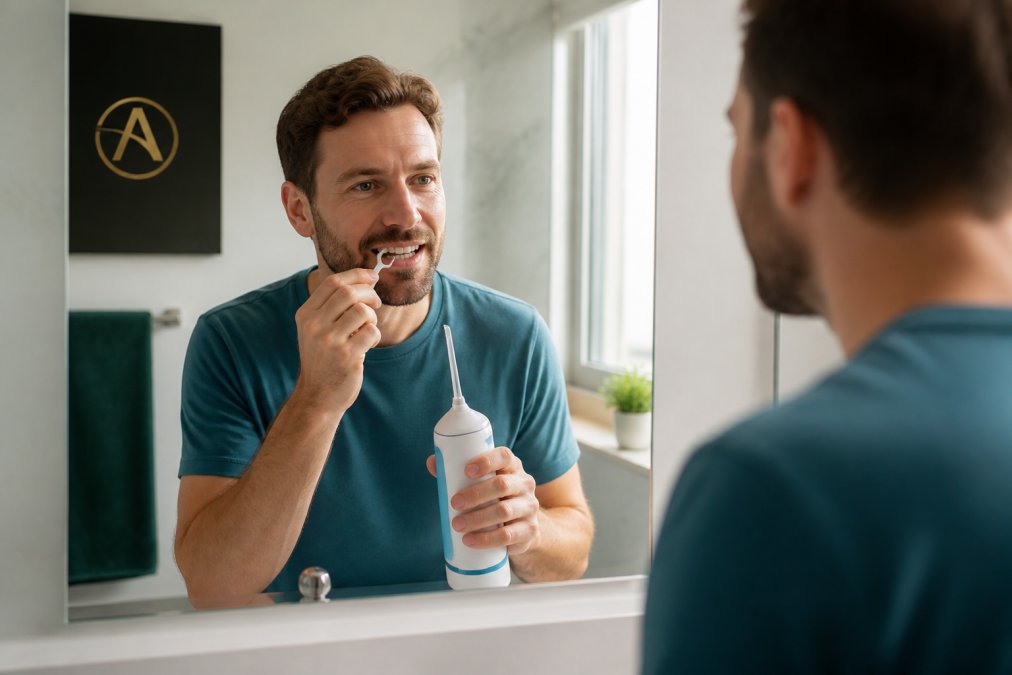 A person in a bright bathroom using an interdental brush and water flosser to clean around a dental implant, with a mirror reflecting a calm, focused expression