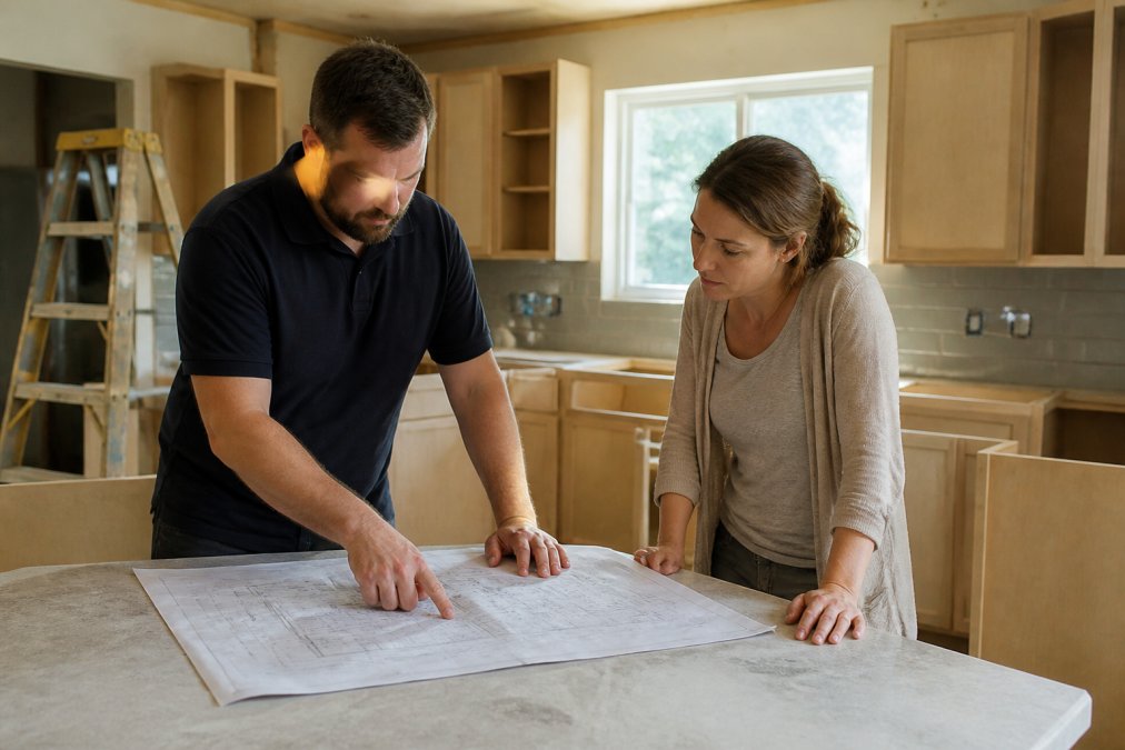 A construction professional in a branded polo shirt reviewing blueprints with a homeowner at a kitchen island in a mid-renovation space, natural light from a window