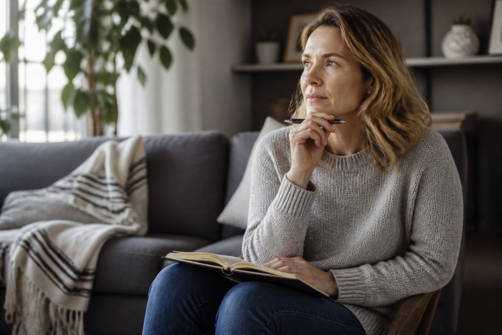 Woman in her 40s sitting alone in a quiet space, looking thoughtful and grounded, with a journal or notebook nearby, reflecting on her journey