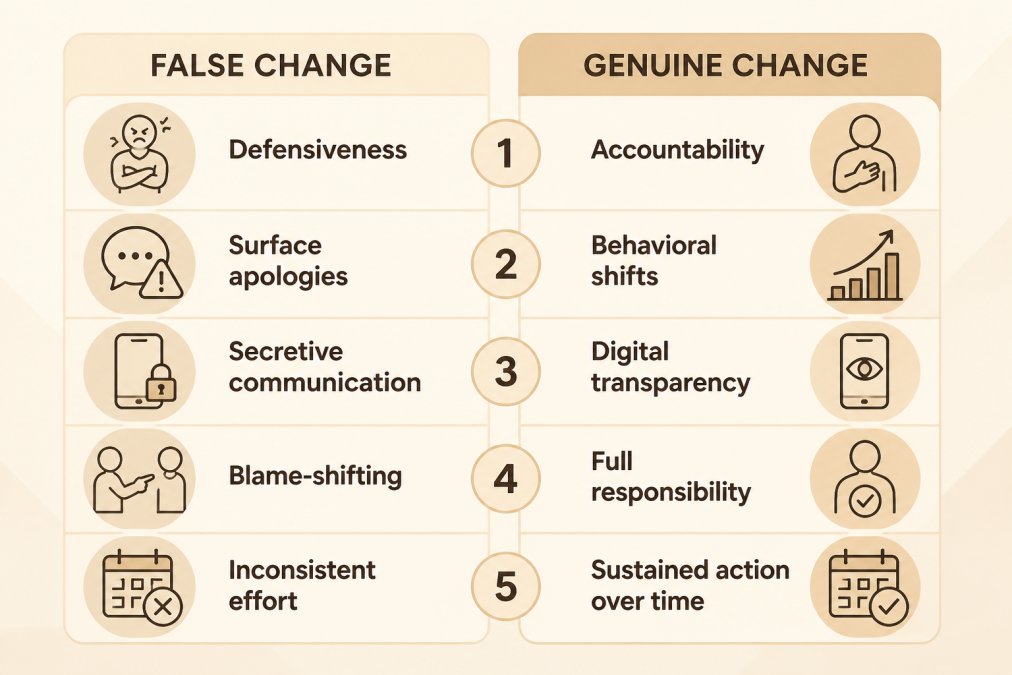 Comparison matrix showing false change versus genuine change: Defensiveness vs. Accountability, Surface apologies vs. Behavioral shifts, Secretive communication vs. Digital transparency, Blame-shifting vs. Full responsibility, Inconsistent effort vs. Sustained action over time