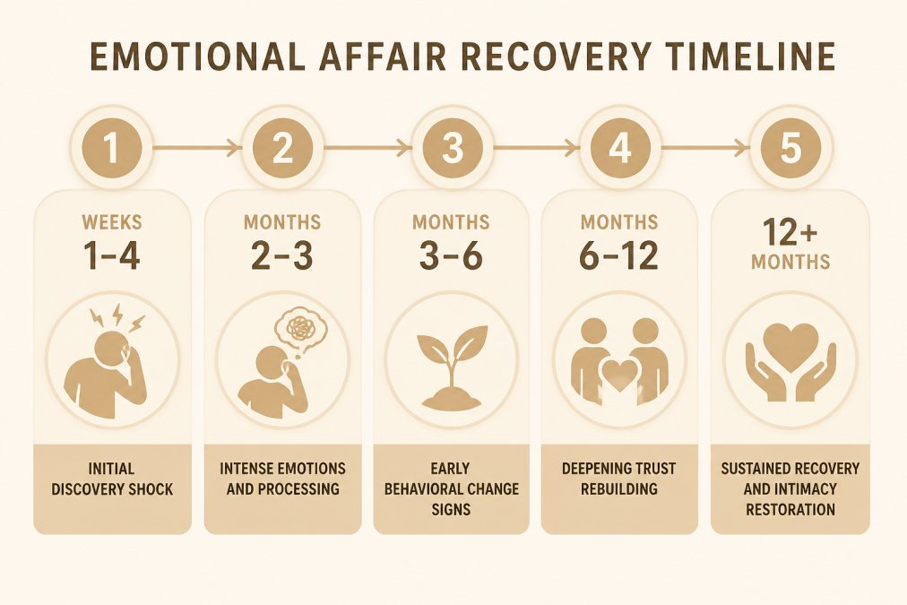 Timeline visualization showing typical phases of emotional affair recovery: Initial discovery shock (weeks 1-4), intense emotions and processing (months 2-3), early behavioral change signs (months 3-6), deepening trust rebuilding (months 6-12), sustained recovery and intimacy restoration (12+ months)