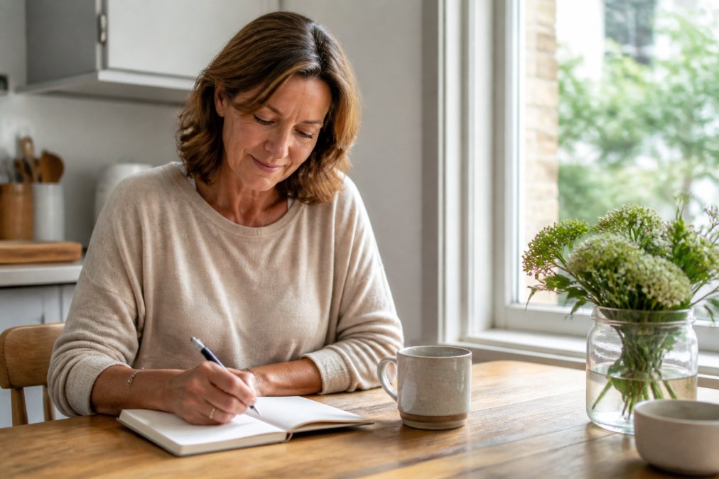 A woman in her late forties sitting at a kitchen table with a notebook and pen, writing a short list, a cup of tea beside her, morning light through the window, calm and focused expression