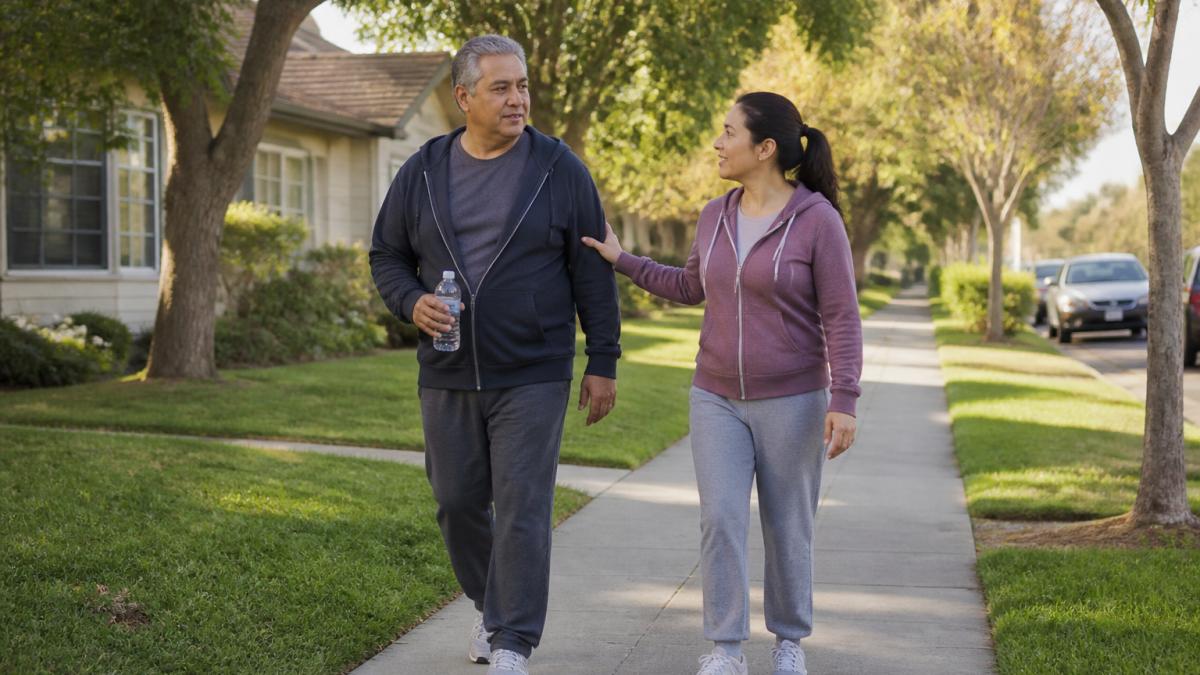 Middle-aged person walking slowly on a sidewalk with a supportive family member for recovery