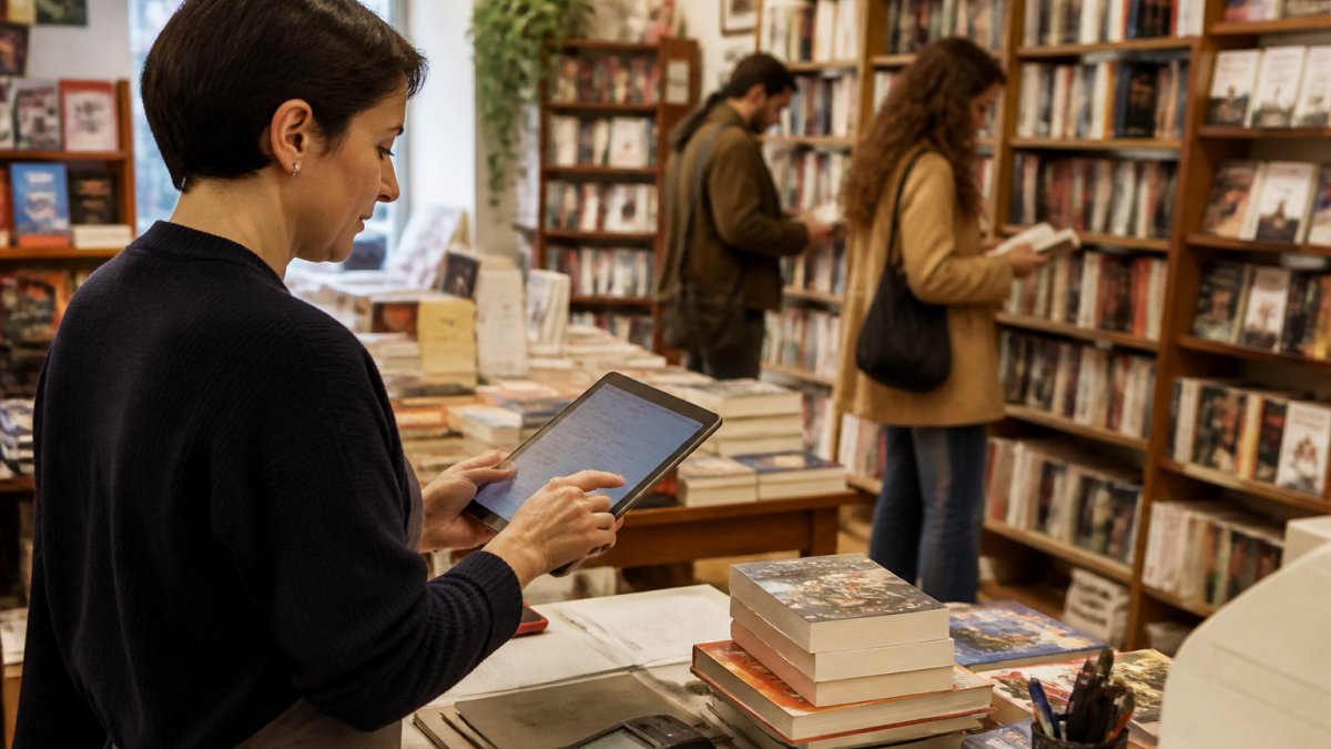Titolare di un piccolo negozio al bancone con un tablet su cui scorre il catalogo prodotti, clienti sullo sfondo tra gli scaffali
