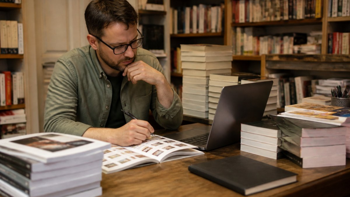 A bookseller at a wooden desk in an independent bookstore, reviewing a spreadsheet of book prices on a laptop while surrounded by shelves of books and printed catalogs