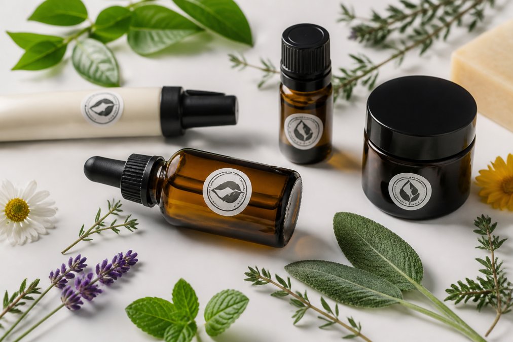 Detailní záběr na lahvičky s přírodní kosmetikou s viditelným certifikačním znakem, přírodními ingrediencemi a listy bylinek na bílém pozadí