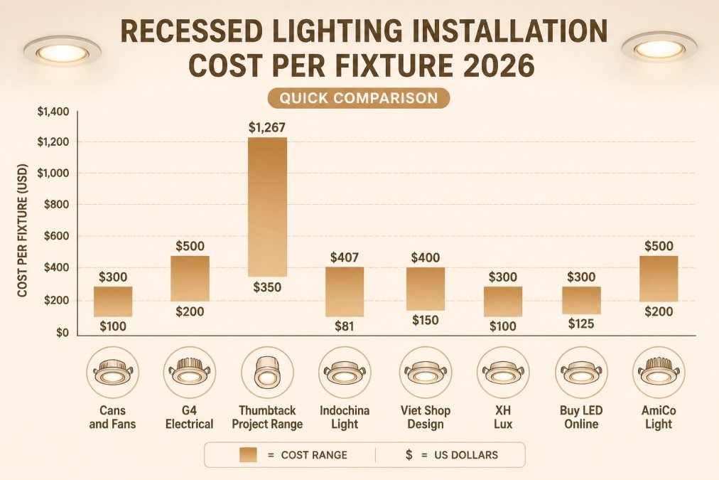 Bar chart comparing 2026 recessed lighting installation cost per fixture across eight different service providers.