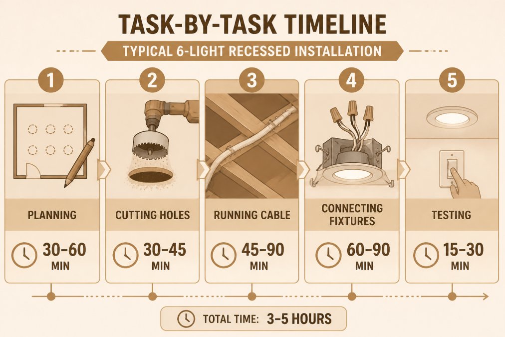Timeline showing tasks for a typical 6-light recessed installation: planning 30-60 min, cutting holes 30-45 min, running cable 45-90 min, connecting fixtures 60-90 min, testing 15-30 min