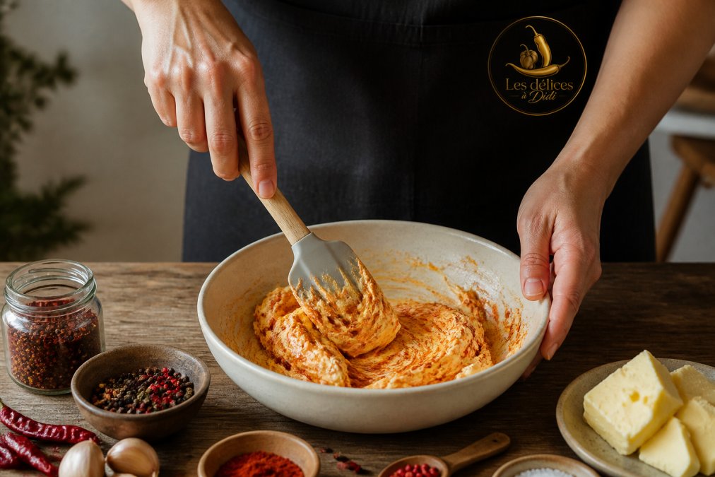 Gros plan sur des mains mélangeant du beurre pommade avec une pâte de piments rouge dans un bol en céramique, sur un plan de travail en bois avec des épices autour