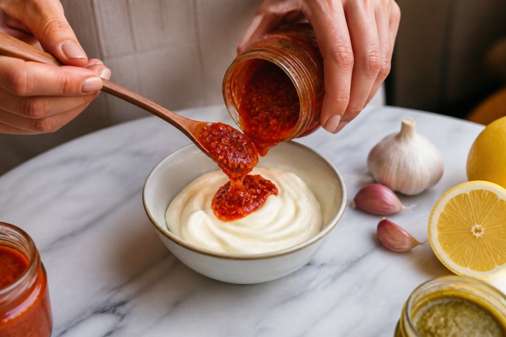 Mains versant une pâte de piment rouge artisanale dans un bol de mayonnaise blanche crémeuse, avec une cuillère en bois, des gousses d'ail et un citron frais visibles à côté sur une surface de marbre clair
