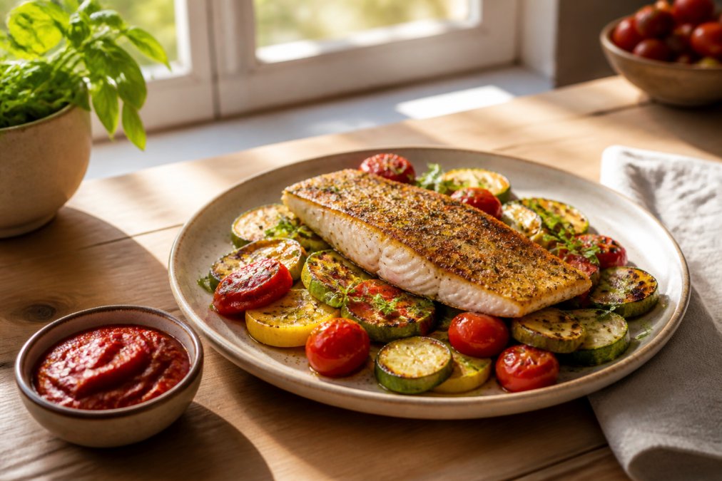 Assiette colorée avec filet de poisson grillé doré, légumes frais rôtis (courgettes, tomates cerises), herbes fraîches vertes, et un petit bol de pâte de piment rouge artisanale posé à côté, lumière naturelle chaude du midi entrant par la fenêtre