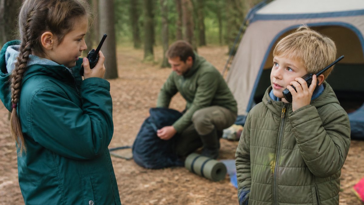 Two children in outdoor clothing holding walkie-talkies near a family tent at a campsite, one pressing the push-to-talk button while the other listens, with a parent unpacking gear in the background