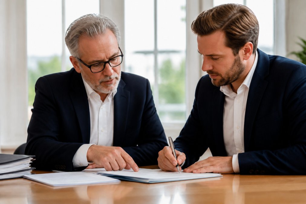 Ein Geschäftsführer und ein Berater sitzen an einem Konferenztisch, prüfen gemeinsam Dokumente und eine handschriftliche Checkliste auf Papier, helles professionelles Büroumfeld mit Tageslicht
