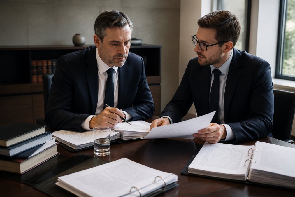 Geschäftsführer und Rechtsanwalt besprechen Compliance-Dokumente und Treuhandverträge an einem Konferenztisch mit Laptop und Aktenordnern bei Tageslicht