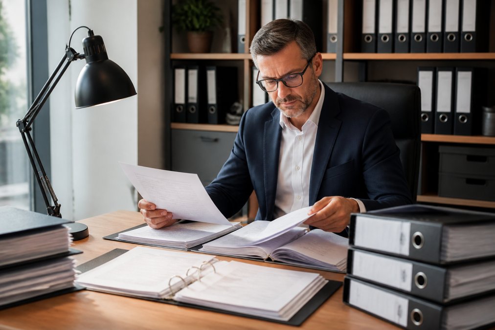 Professionelle Person überprüft Compliance-Unterlagen und Handelsregistereinträge am Schreibtisch mit geordneten Aktenordnern und Dokumenten unter Bürolicht
