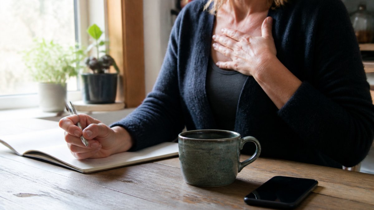 A person in their forties sitting at a kitchen table in the early morning, phone face-down beside a cold cup of tea, hand resting on their chest mid-breath, soft natural light through the window
