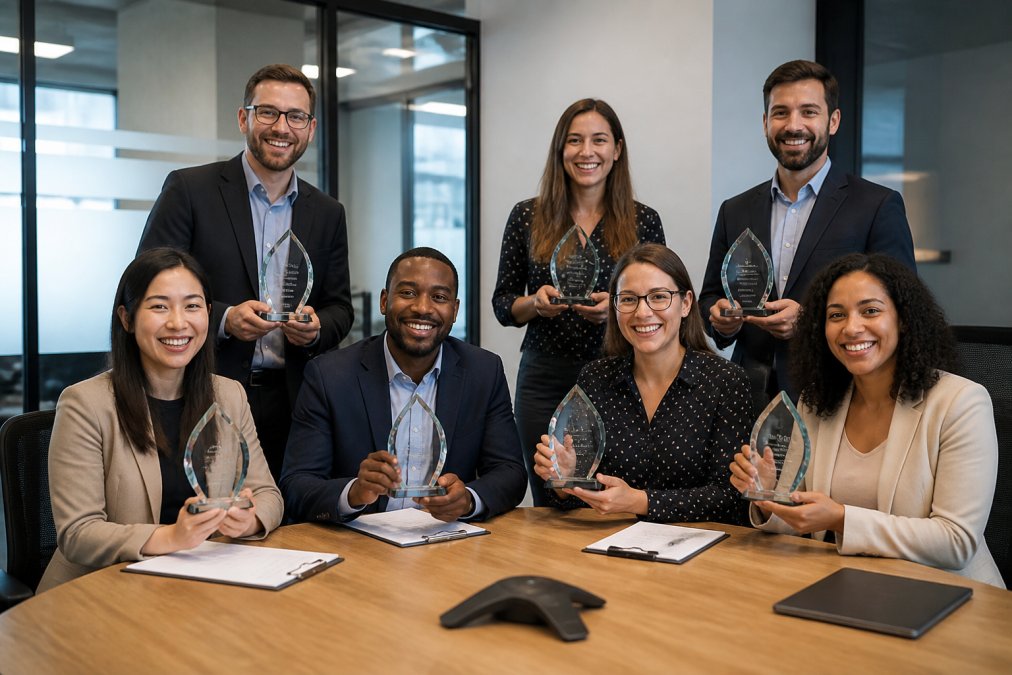 Professional team members from different office locations gathered around a conference table, holding custom glass awards and smiling, with branded signage visible in the background
