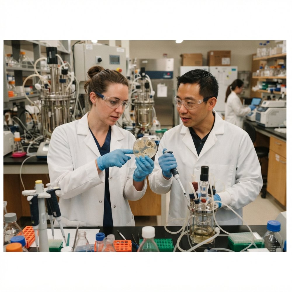 Scientist examining bacterial cultures in a laboratory for recombinant peptide production workflows