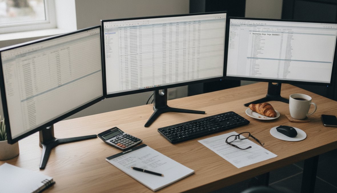 Music professional sitting at desk with multiple monitors displaying spreadsheets and royalty documents, holding a coffee cup while reviewing reconciliation data with focused concentration in modern office setting