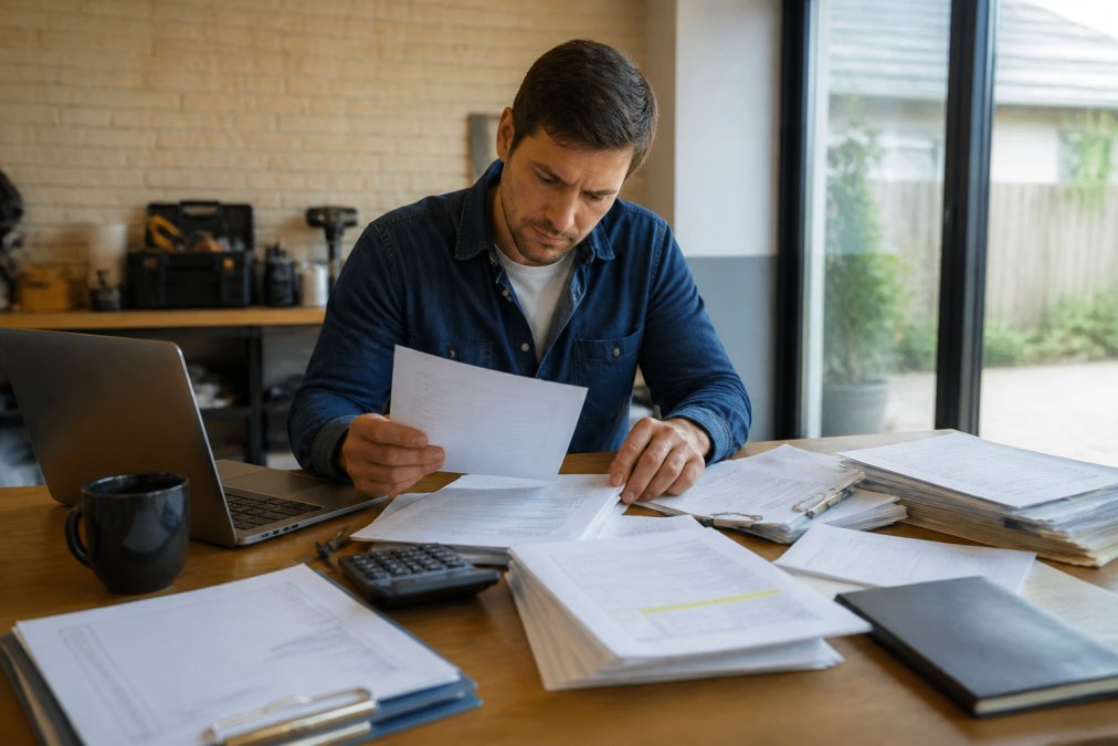 Trade business owner at desk with bank statement, laptop, and accounting records spread out, reviewing documents with focused concentration