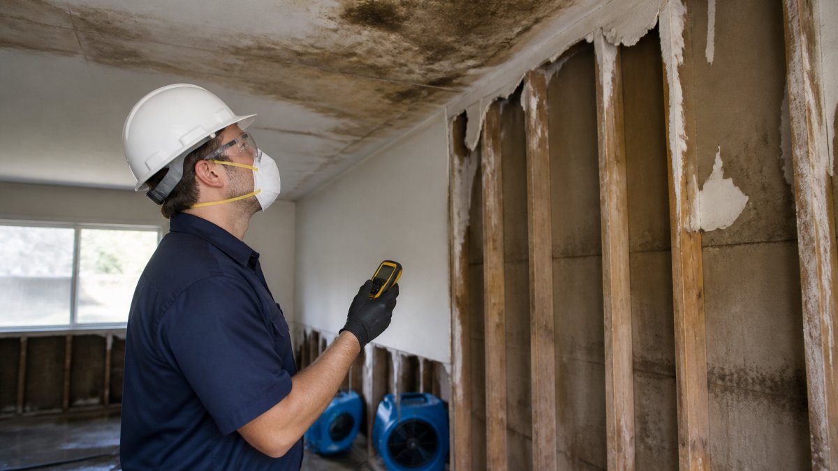Restoration technician inspecting water damage, highlighting the need for reconstruction vs restoration.