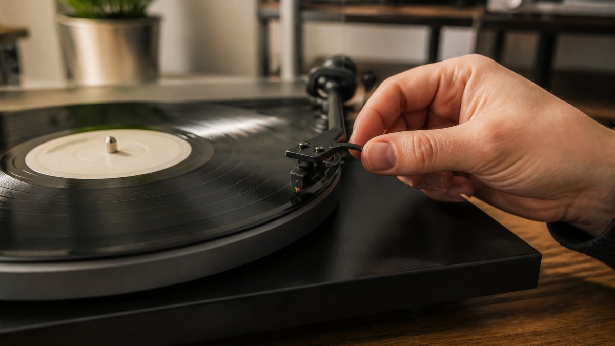 Close-up of hands carefully lowering a stylus onto a spinning vinyl record on a turntable, with the tonearm and platter in sharp focus in a warm living room setting