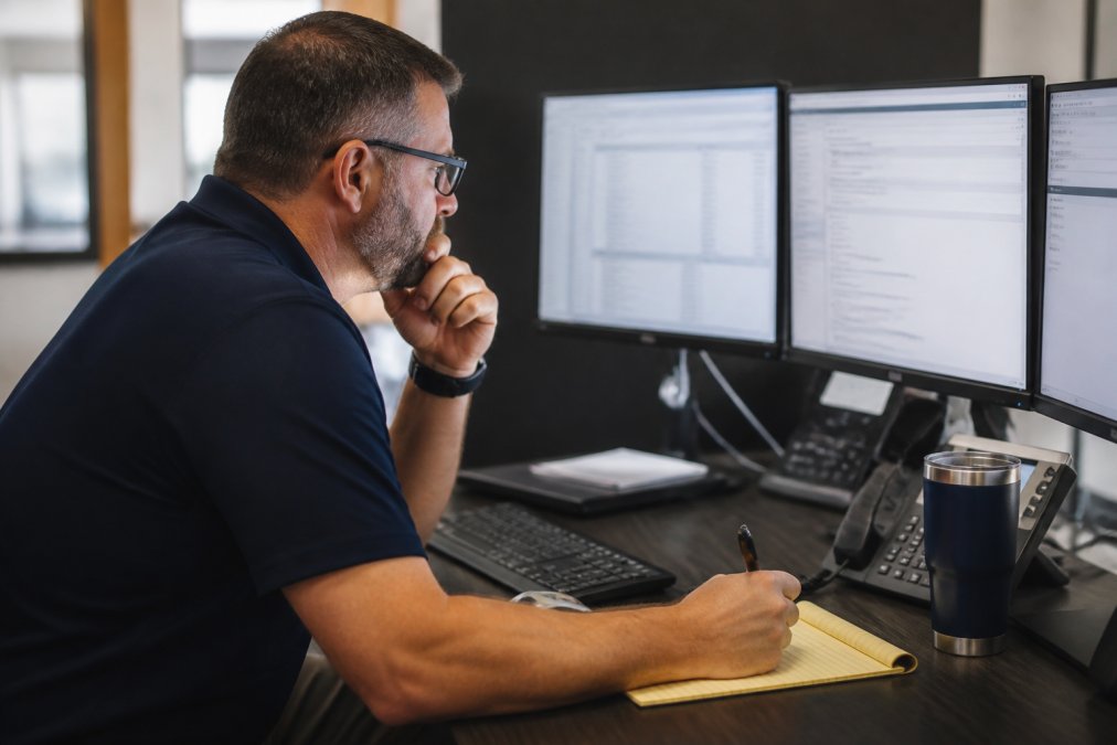 Small business owner or IT manager at desk with multiple monitors, alert and focused while reviewing security alerts on screen, taking notes during incident response