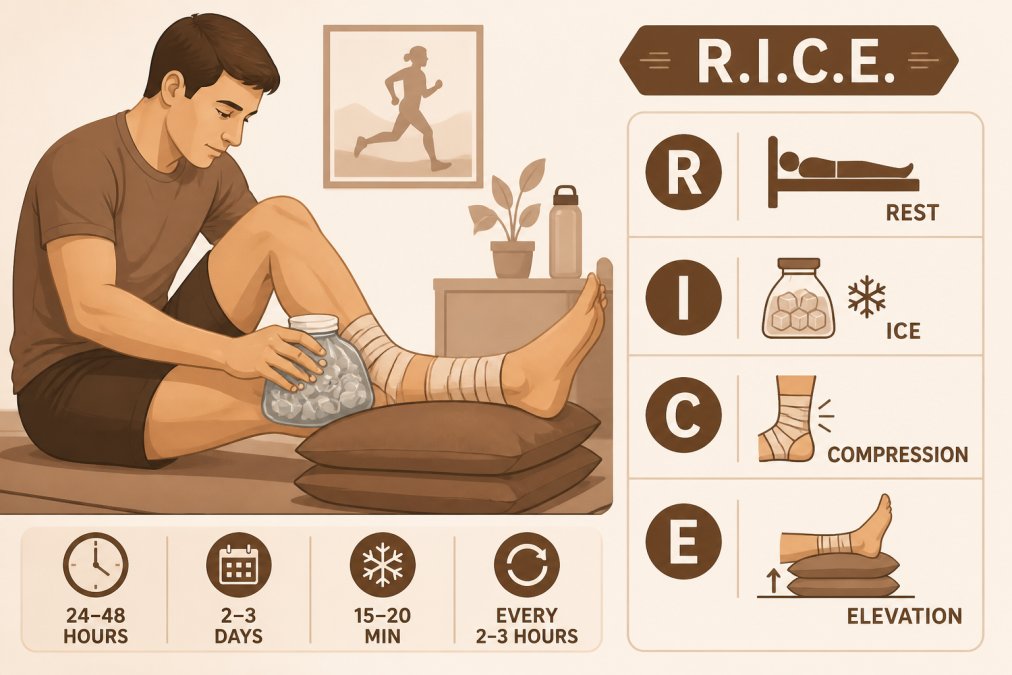 Person applying ice pack to ankle with compression wrap while leg is elevated on pillow, showing proper R.I.C.E. setup in home setting with natural lighting