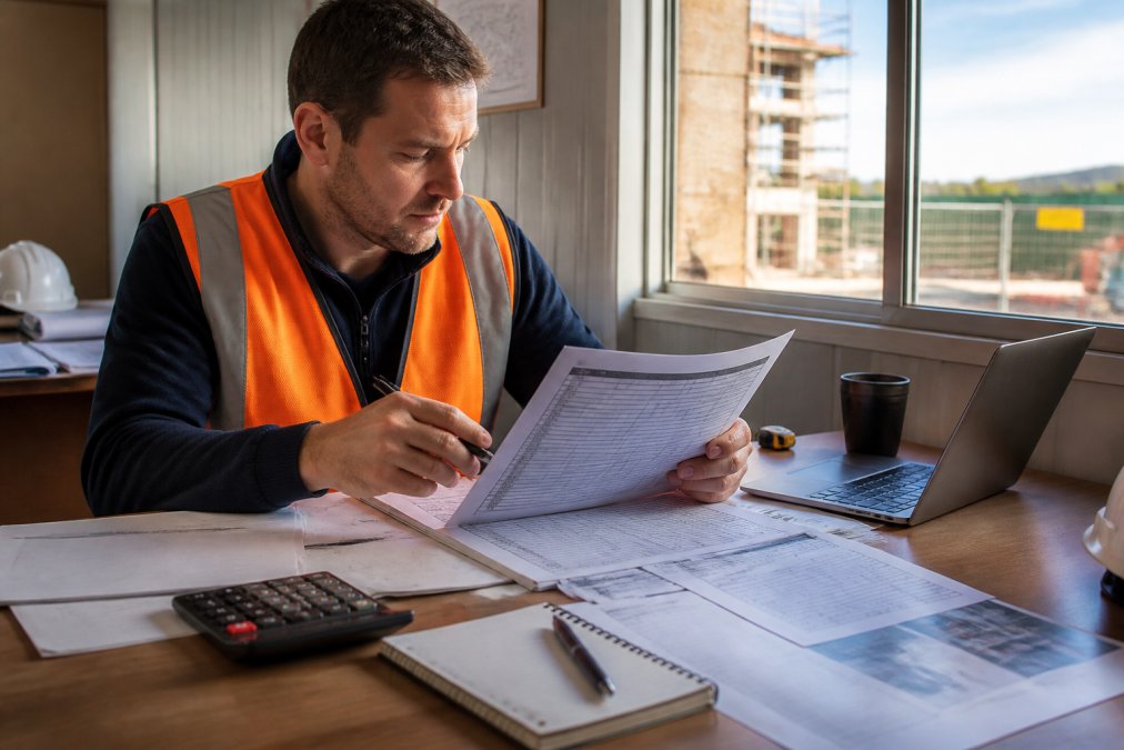 A commercial manager in a high-visibility vest reviewing a printed payment schedule and contract documents at a site office desk, laptop open beside them, natural morning light through the window