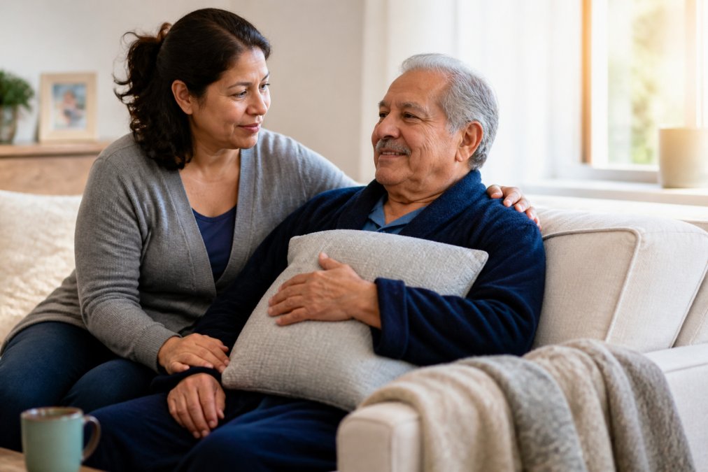 A smiling woman supporting a man recovering from bypass surgery as he rests on a couch with a heart pillow.