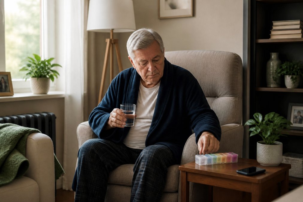 A heart surgery patient in their 60s sitting in a comfortable armchair in a tidy living room, a small side table with a pill organizer, a water bottle, and a phone within reach, soft natural light coming through a window, calm and safe atmosphere
