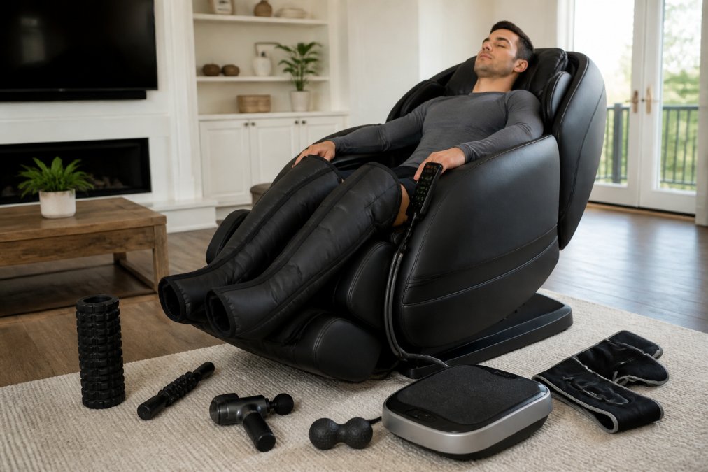 Person relaxing in a massage chair wearing compression boots while recovering from workouts at home