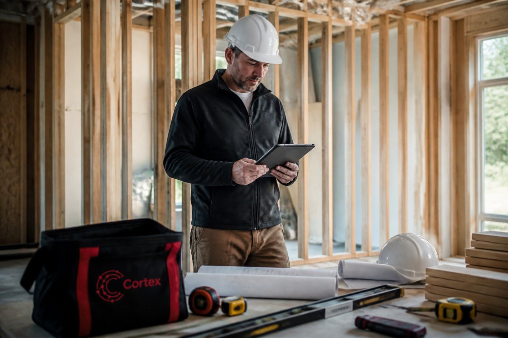 A restoration project manager in a hard hat reviewing a detailed estimate document on a tablet while standing in a partially reconstructed room with exposed framing and natural window light