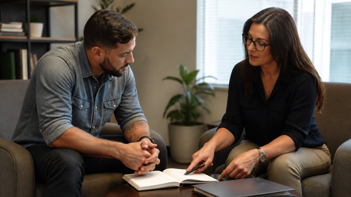 Recovery coach and client reviewing a career action plan during a professional session for recovery coaching for career
