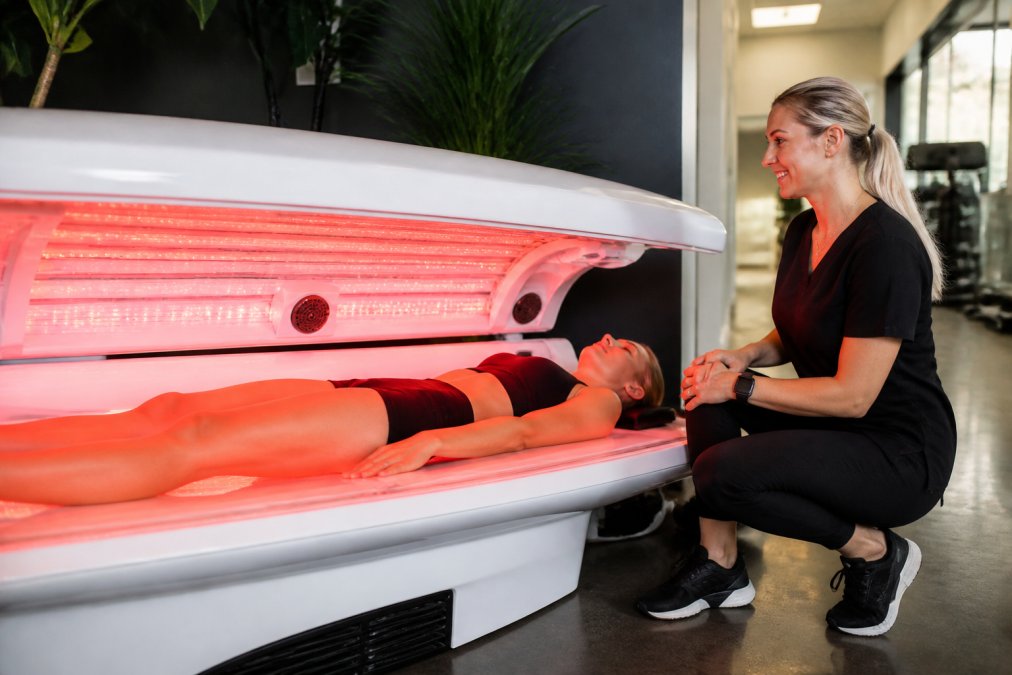 Gym member using a red light therapy bed while a staff member monitors session settings and member comfort in a modern, well-lit recovery zone with professional equipment