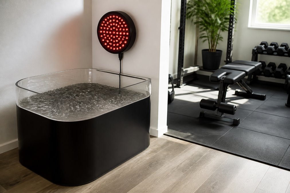 A clean, modern home gym corner featuring a sleek acrylic cold plunge tub in the foreground, with a red light therapy panel mounted on the wall behind it, soft natural lighting through a window
