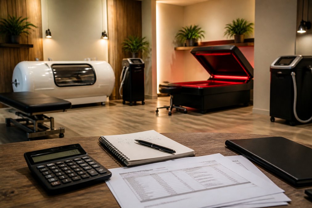 Modern recovery studio interior showcasing hyperbaric chamber, red light therapy beds, and thermal recovery equipment arranged in clean professional wellness facility with warm lighting and clinical design