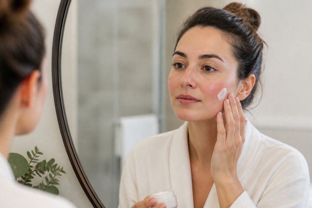 Woman applying moisturizer to skin with mild redness after medical grade facials in a bright bathroom mirror