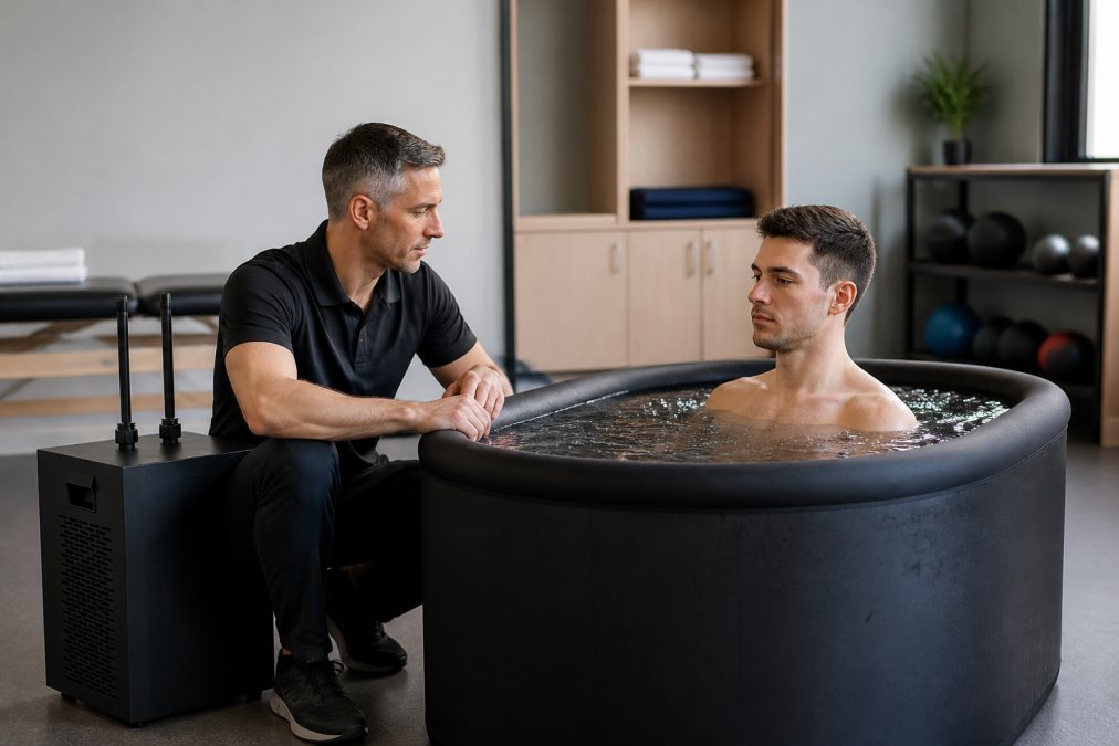 Professional physical therapist monitoring a patient immersed in a professional-grade ice bath tub with integrated water chiller unit visible in a modern clinical treatment room