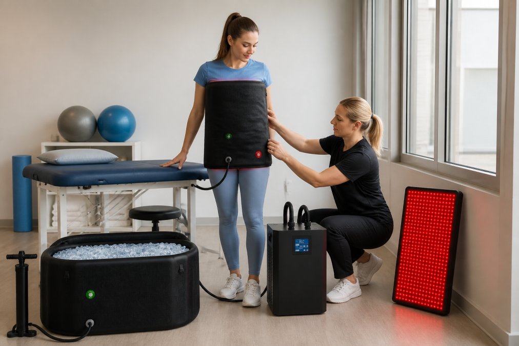 Patient wearing a full-body red light therapy pad wrapped around torso during rehabilitation session in a bright clinical treatment room with natural lighting