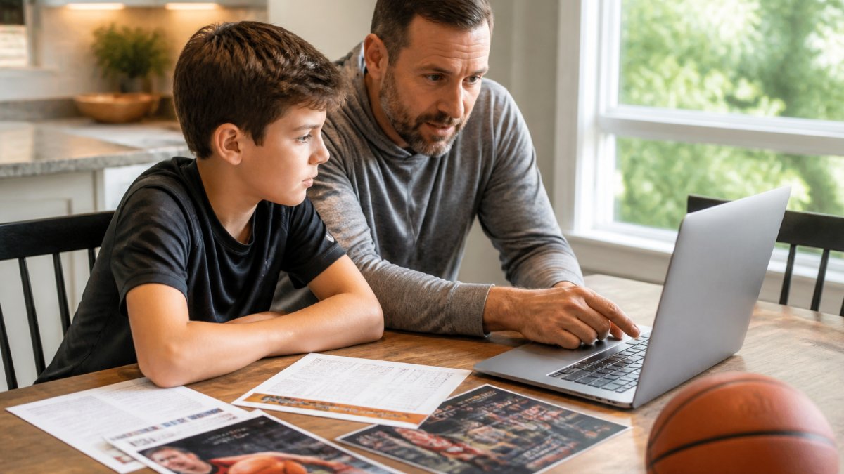 Parent and child sitting at kitchen table with laptop showing basketball program options and printed information sheets, natural window lighting, suggesting thoughtful family decision-making together