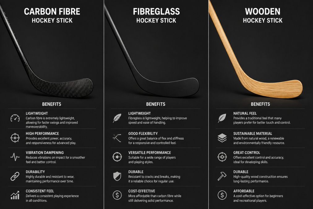 A comparison of carbon fiber, fibreglass and wooden hockey sticks