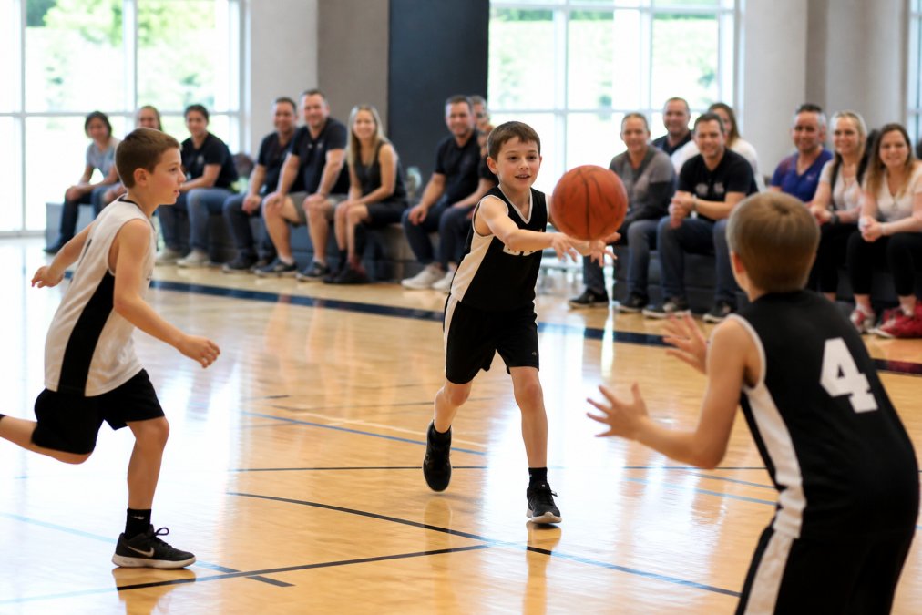 Young basketball players during a recreational league game, passing the ball with smiles, parents watching from sidelines in a community gym with natural lighting