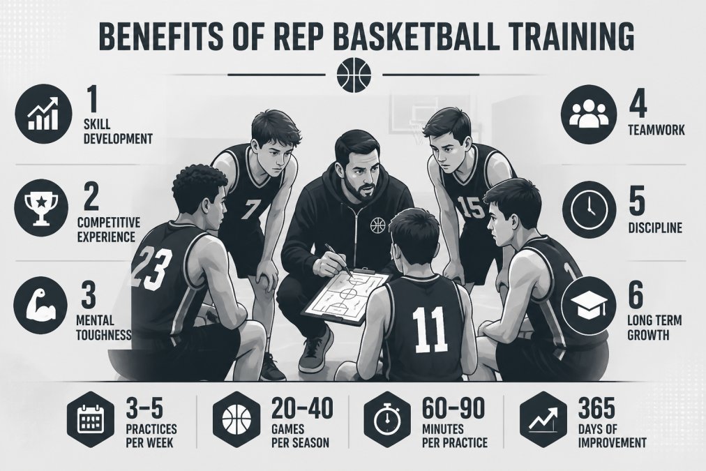 Competitive rep basketball team huddled with coach during timeout, showing focused concentration and strategy discussion in modern gymnasium with professional lighting