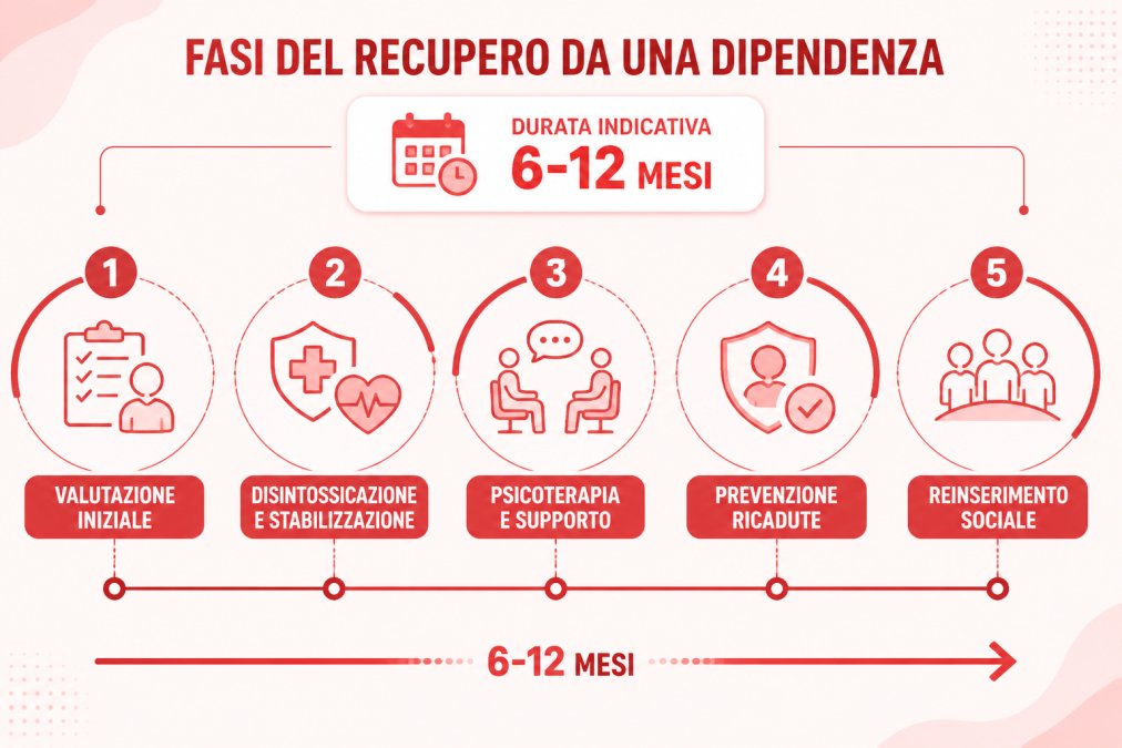 Timeline delle fasi del recupero: 1) valutazione iniziale, 2) disintossicazione e stabilizzazione, 3) psicoterapia e supporto, 4) prevenzione ricadute, 5) reinserimento sociale. Durata indicativa 6-12 mesi