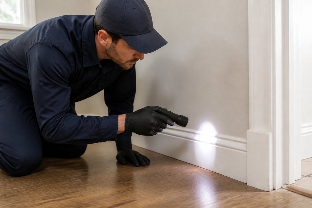 Professional pest control technician in uniform performing detailed inspection of rental unit baseboards and corners with professional detection tool, checking for pest entry points and activity signs