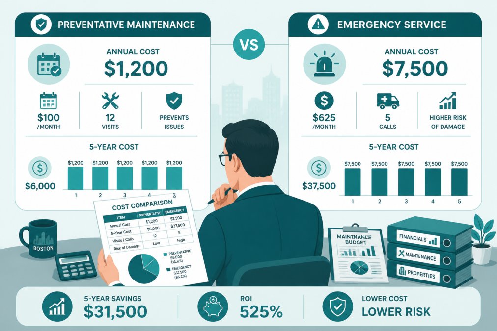Property manager or landlord reviewing detailed financial records and maintenance cost analysis documents at desk, comparing preventative maintenance costs versus emergency service expenses