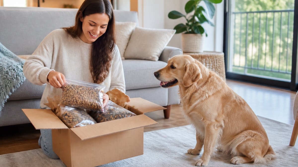 Smiling pet owner opening a box of pet food with an eager dog in a bright living room