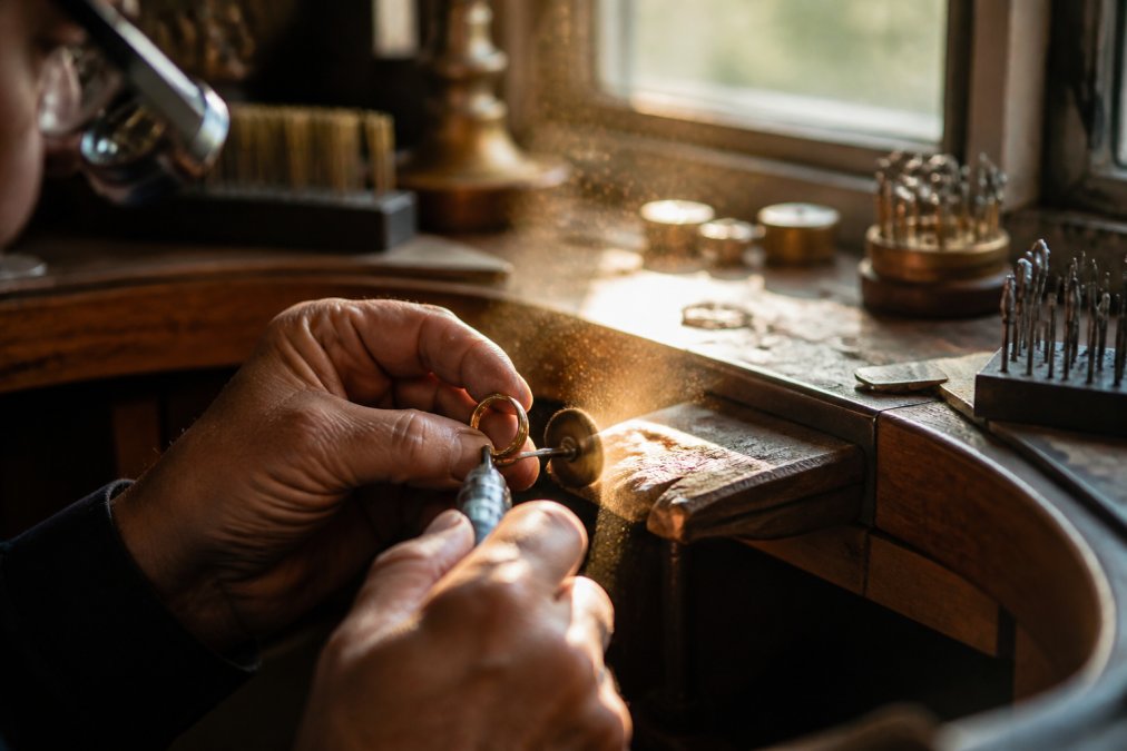Close-up of an artisan jeweler's hands polishing a recycled gold ring at a wooden workbench, warm natural light streaming through a workshop window, fine gold dust catching the light